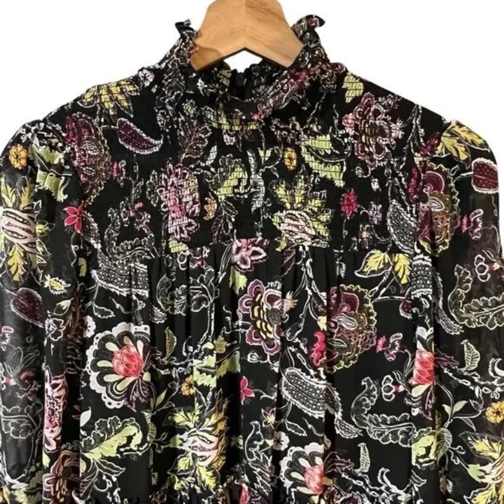 CINQ A SEPT | Black Floral Ruffle Smocked Dress, Size 4, - Picture 7 of 15